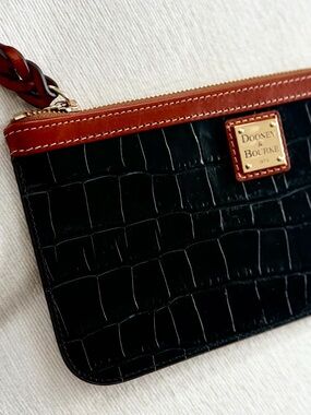 NEW Dooney & Bourke Black Croc-Embossed Wristlet with Brown Trim